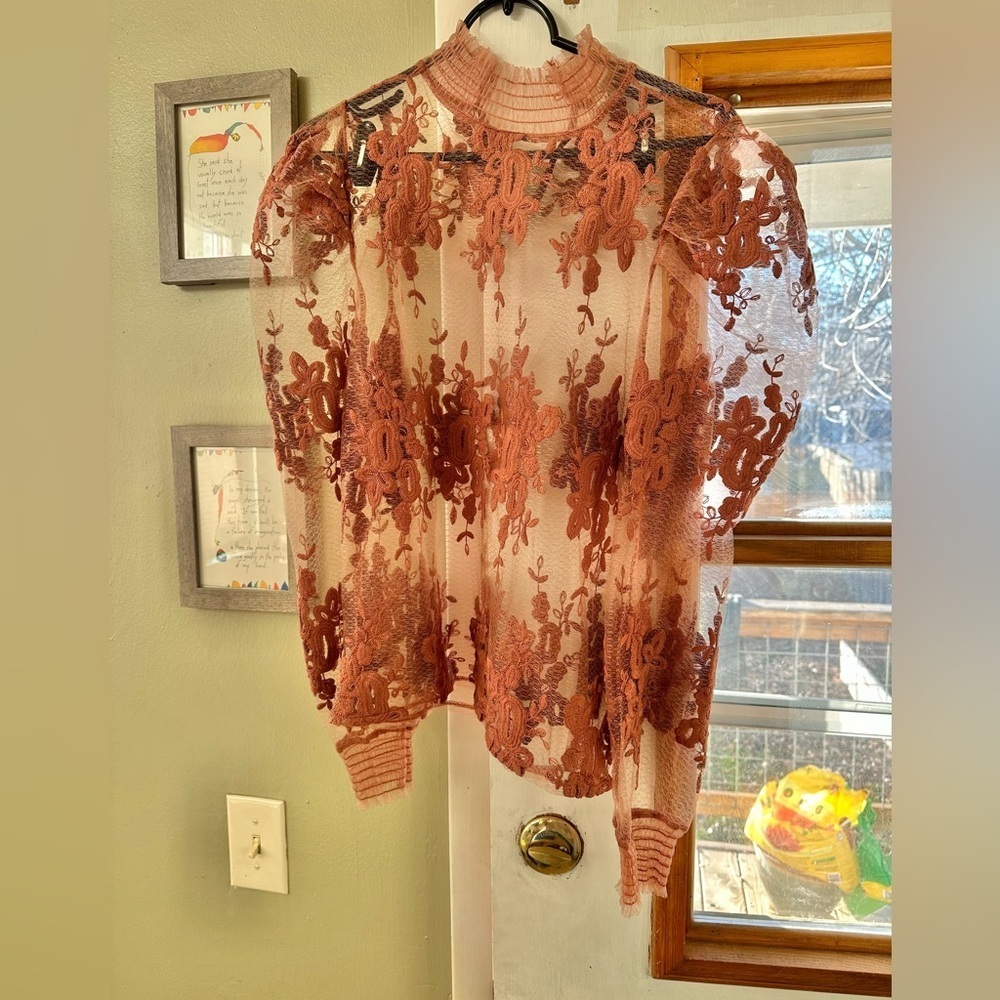 Sheer Floral Lace Long Sleeve Mockneck Size S